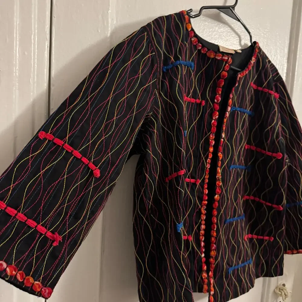 Multicolored Embroidery Boho‎ Bohemian Indie Artsy Teacher Black Blazer